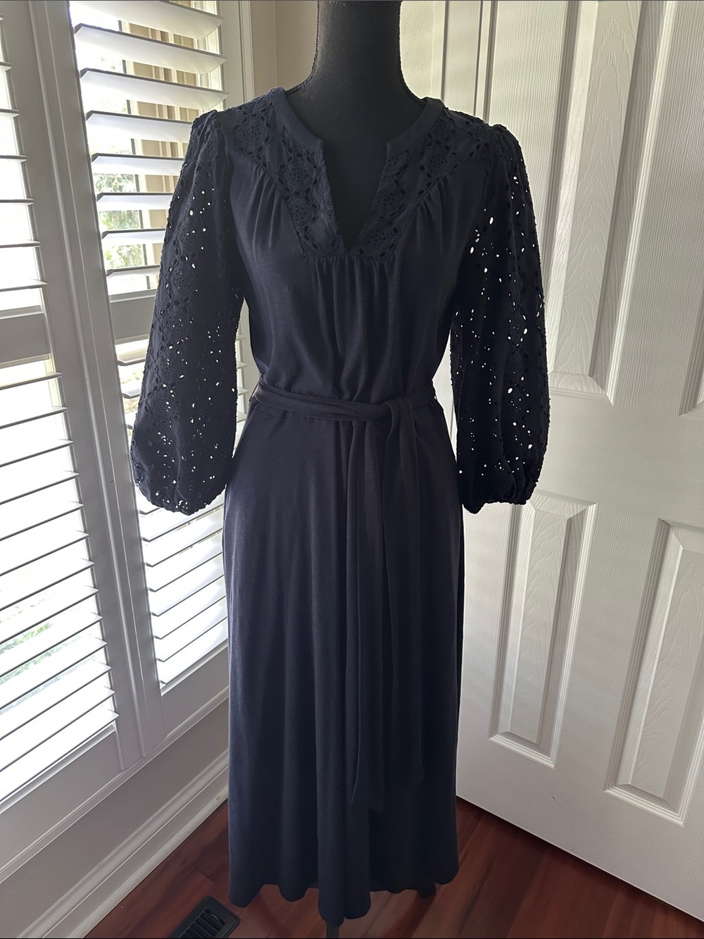 Boden Navy Eyelet-Sleeve Midi Dress with Tie Waist 8